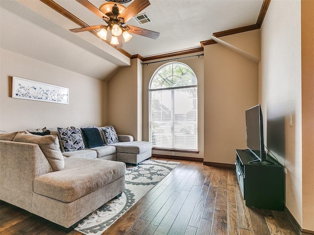 4105 Nailon Dr, Norman, OK 73072 - living area featuring crown molding, ceiling fan, dark wood-style floors, lofted ceiling, and baseboards