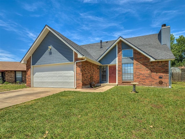 2101 NE 11th St, Moore, OK 73160 - traditional-style house featuring an attached garage, brick siding, a chimney, driveway, and roof with shingles