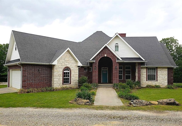 7336 E 136th Rd, Holdenville, OK 74848 - traditional home featuring a chimney, a front lawn, stone siding, and a shingled roof