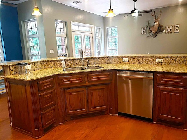 7336 E 136th Rd, Holdenville, OK 74848 - kitchen with dishwasher, a sink, dark wood-style floors, pendant lighting, and ceiling fan