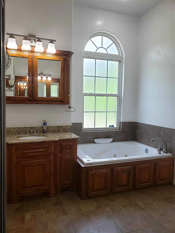 7336 E 136th Rd, Holdenville, OK 74848 - bathroom featuring a tub with jets and vanity