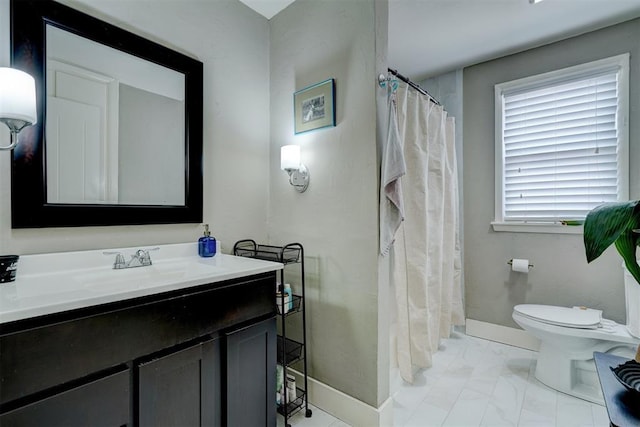 3104 NW 21st St, Oklahoma City, OK 73107 - full bath with marble finish flooring, vanity, and a shower with curtain