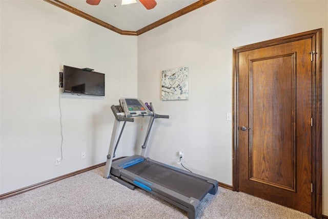 2825 Busheywood Dr, Yukon, OK 73099 - workout room with carpet, ornamental molding, baseboards, and a ceiling fan
