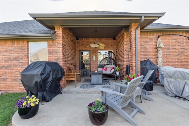 2825 Busheywood Dr, Yukon, OK 73099 - view of patio / terrace with an outdoor living space, grilling area, and a ceiling fan
