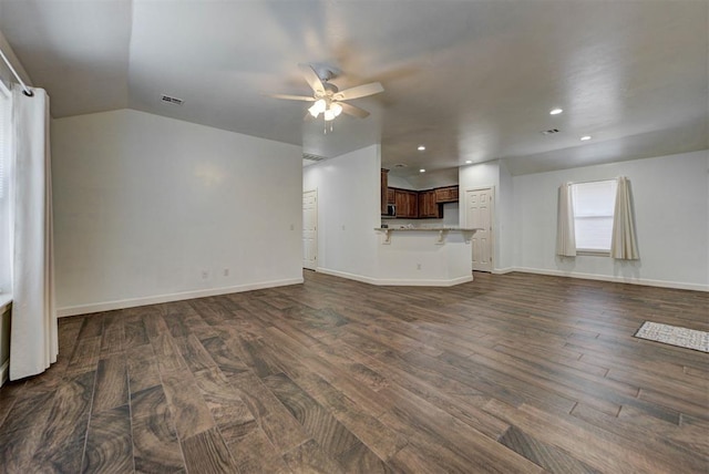 316 SW 4th Pl, Newcastle, OK 73065 - unfurnished living room featuring dark wood-type flooring, a ceiling fan, recessed lighting, and baseboards