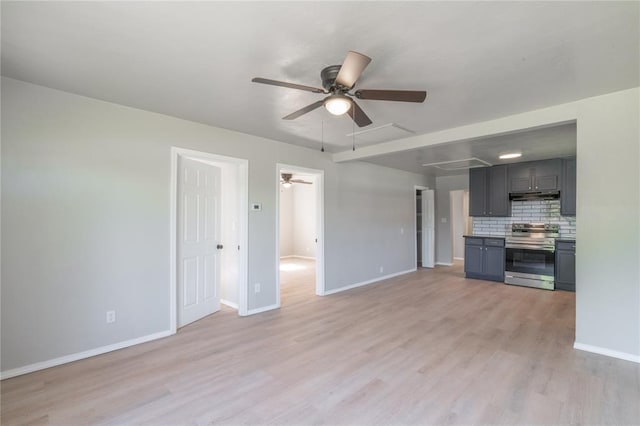 unfurnished living room with a ceiling fan, baseboards, and light wood finished floors