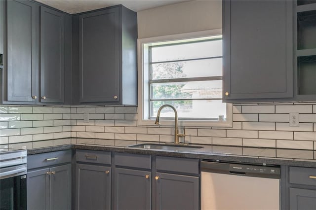 kitchen with stainless steel appliances, a sink, backsplash, and gray cabinets