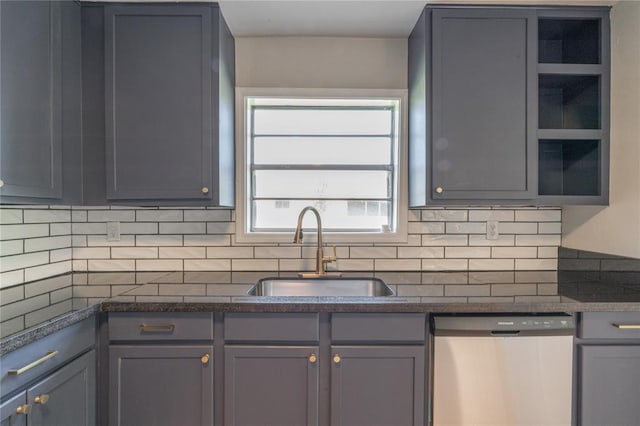 kitchen featuring dishwasher, open shelves, a sink, tasteful backsplash, and gray cabinets