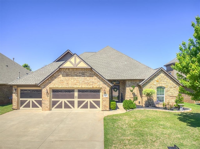 view of front facade featuring a garage, a front lawn, driveway, a shingled roof, and brick siding