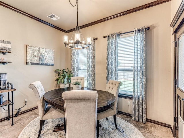 dining area with ornamental molding, a chandelier, baseboards, and light tile patterned flooring
