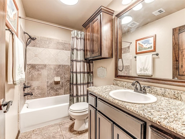 bathroom with toilet, shower / bathtub combination with curtain, vanity, and tile patterned flooring