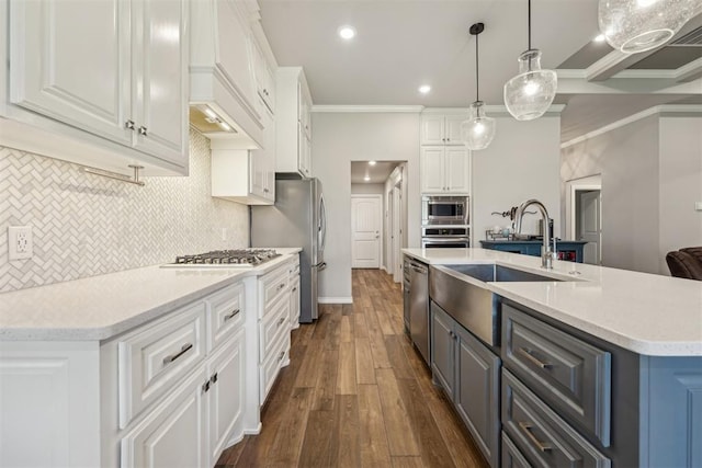 kitchen featuring appliances with stainless steel finishes, dark wood finished floors, a sink, tasteful backsplash, and white cabinetry