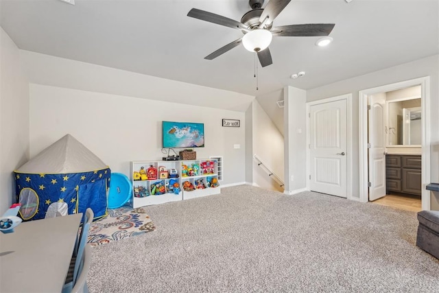 game room with ceiling fan, carpet floors, and baseboards