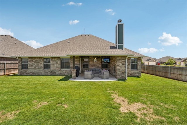 rear view of house with an outdoor hangout area, a patio, brick siding, a chimney, and a shingled roof