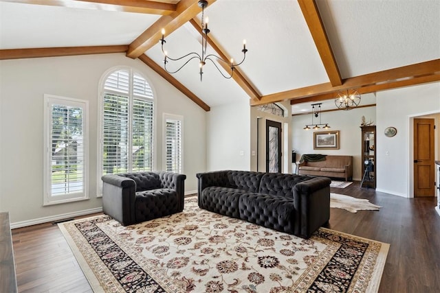 13500 Creekside Dr, Oklahoma City, OK 73131 - living room with a chandelier, healthy amount of natural light, beamed ceiling, dark wood finished floors, and high vaulted ceiling