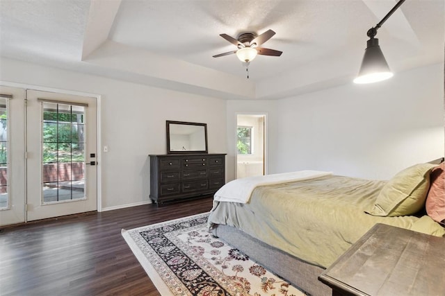 13500 Creekside Dr, Oklahoma City, OK 73131 - bedroom featuring access to outside, a raised ceiling, dark wood finished floors, baseboards, and ceiling fan