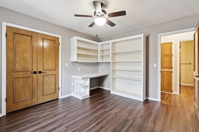 13500 Creekside Dr, Oklahoma City, OK 73131 - unfurnished living room featuring a ceiling fan, dark wood-type flooring, and baseboards