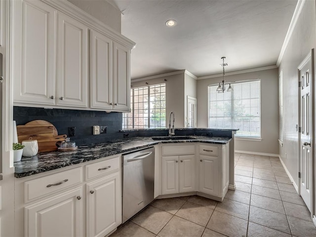 16104 Ledge Ln, Edmond, OK 73013 - kitchen featuring dishwasher, a sink, white cabinets, a peninsula, and ornamental molding