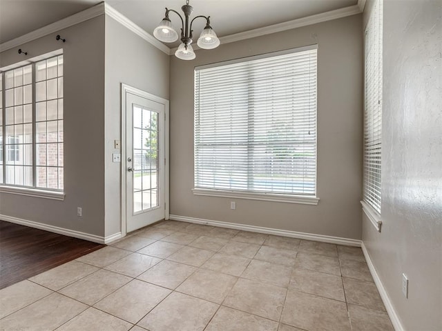 16104 Ledge Ln, Edmond, OK 73013 - doorway featuring ornamental molding, a chandelier, light tile patterned floors, and baseboards