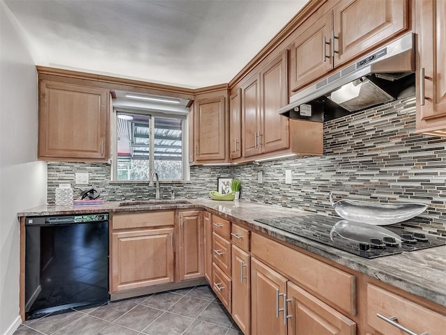 1738 Westchester Dr, Oklahoma City, OK 73120 - kitchen featuring black appliances, a sink, under cabinet range hood, decorative backsplash, and light tile patterned floors