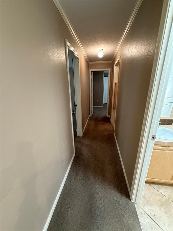 106 Sundown Ct, Mcloud, OK 74851 - hallway with ornamental molding, light colored carpet, and baseboards