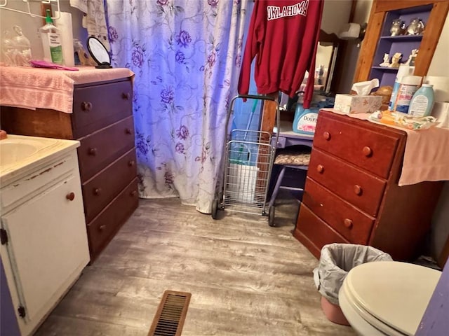full bathroom featuring wood finished floors, vanity, and a shower with curtain