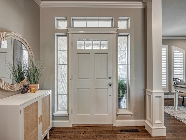 3605 Abbotsford, Norman, OK 73072 - entrance foyer with baseboards, ornamental molding, and dark wood-style flooring