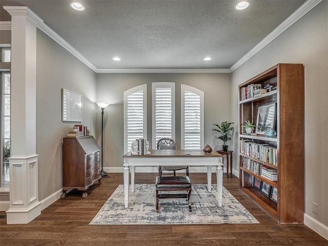 3605 Abbotsford, Norman, OK 73072 - office with a textured ceiling, ornamental molding, baseboards, dark wood-type flooring, and recessed lighting