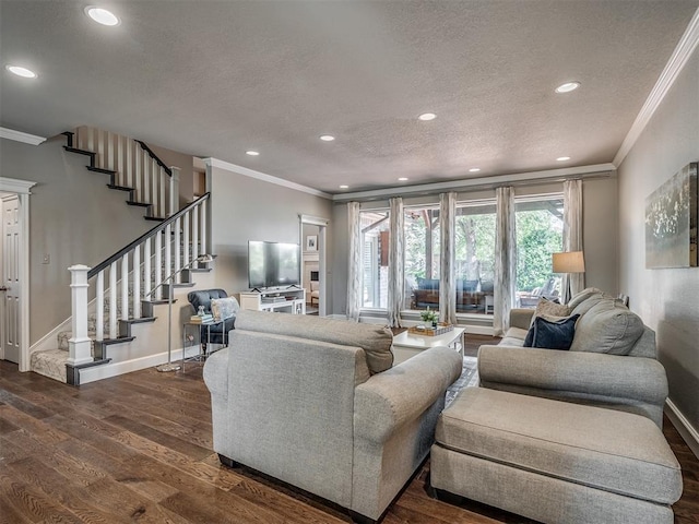 3605 Abbotsford, Norman, OK 73072 - living area featuring crown molding, baseboards, a textured ceiling, stairs, and dark wood-type flooring