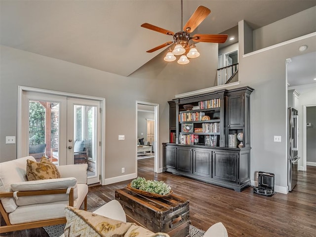 3605 Abbotsford, Norman, OK 73072 - living area featuring high vaulted ceiling, french doors, a ceiling fan, dark wood-style flooring, and baseboards