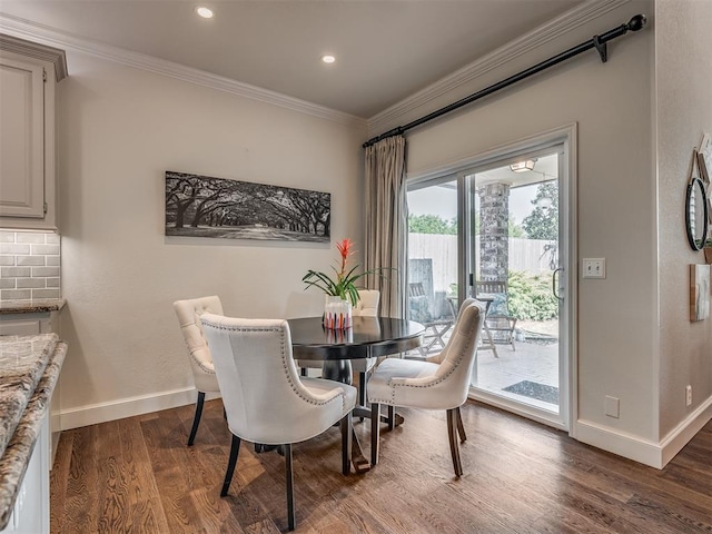 3605 Abbotsford, Norman, OK 73072 - dining space with crown molding, baseboards, dark wood-style floors, and recessed lighting