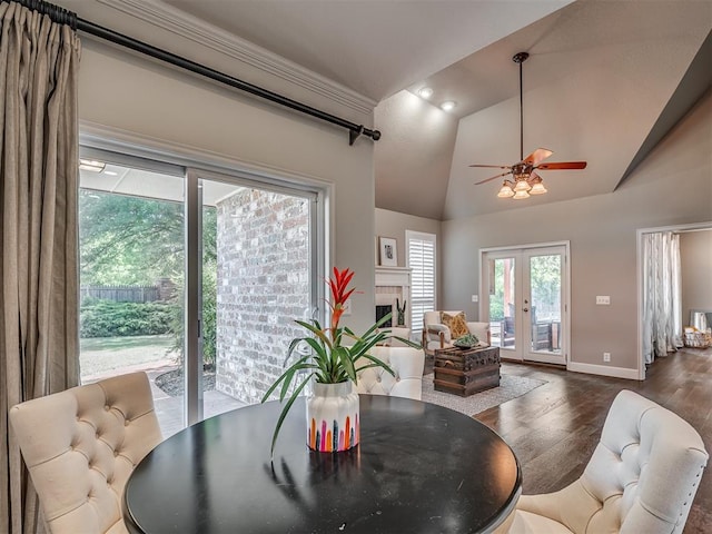 3605 Abbotsford, Norman, OK 73072 - dining area with vaulted ceiling, wood finished floors, a ceiling fan, baseboards, and french doors