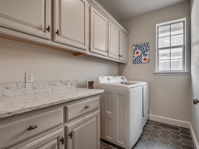 3605 Abbotsford, Norman, OK 73072 - washroom featuring cabinet space, separate washer and dryer, baseboards, and dark tile patterned floors