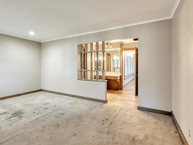100 Maple Ln, Chickasha, OK 73018 - unfurnished room featuring baseboards, light carpet, ornamental molding, a chandelier, and recessed lighting