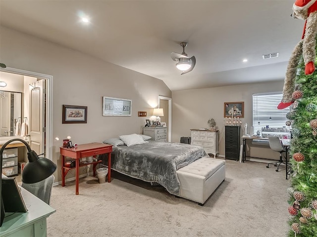2536 Canyon Creek Dr, Yukon, OK 73099 - bedroom featuring light colored carpet, lofted ceiling, an office area, and ceiling fan