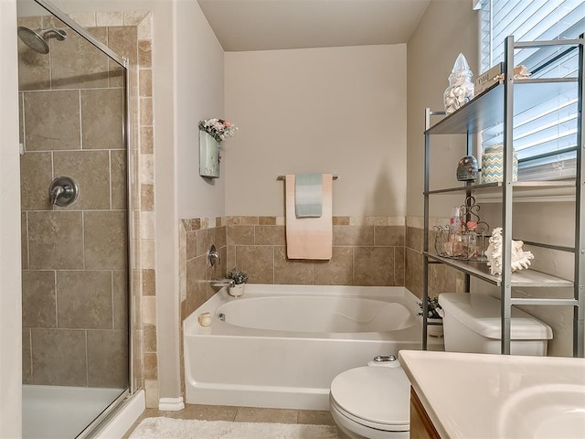 2536 Canyon Creek Dr, Yukon, OK 73099 - full bath featuring toilet, a stall shower, a bath, vanity, and tile patterned floors