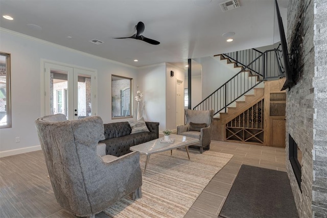 3419 Abby Ln, Newcastle, OK 73065 - living room featuring stairs, wood finished floors, crown molding, recessed lighting, and baseboards