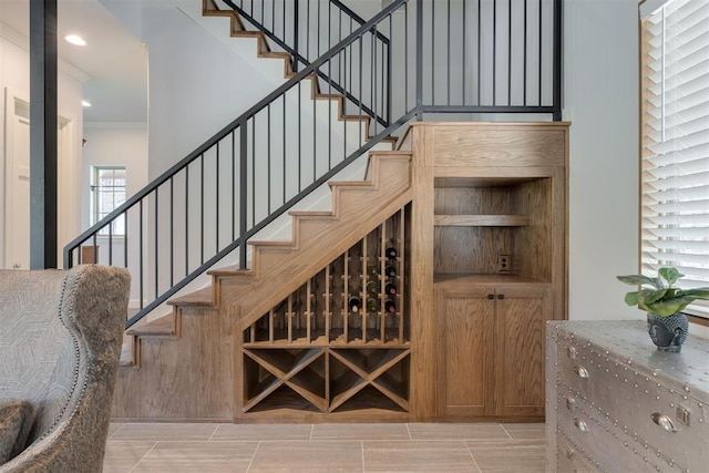3419 Abby Ln, Newcastle, OK 73065 - stairway featuring ornamental molding and recessed lighting