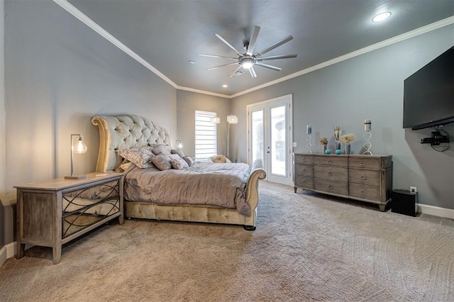 3419 Abby Ln, Newcastle, OK 73065 - bedroom featuring carpet floors, access to outside, recessed lighting, ornamental molding, and baseboards
