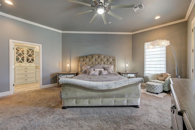 3419 Abby Ln, Newcastle, OK 73065 - carpeted bedroom featuring ornamental molding, recessed lighting, baseboards, ceiling fan, and ensuite bath