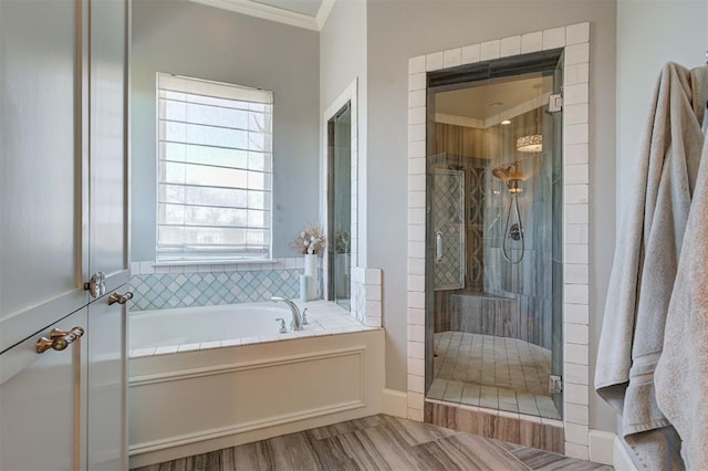 3419 Abby Ln, Newcastle, OK 73065 - full bathroom featuring a garden tub, crown molding, and a stall shower