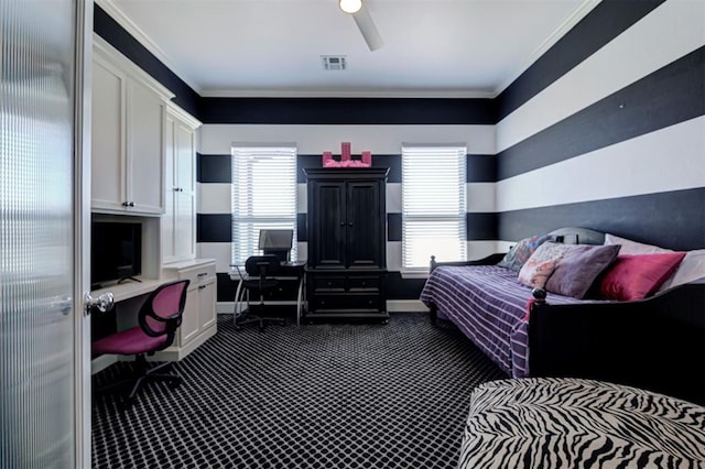 3419 Abby Ln, Newcastle, OK 73065 - bedroom featuring dark carpet, ornamental molding, baseboards, and a ceiling fan