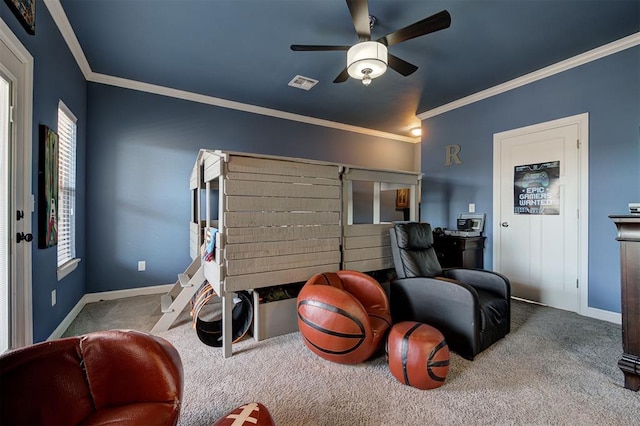 3419 Abby Ln, Newcastle, OK 73065 - carpeted bedroom with ornamental molding, baseboards, an office area, and ceiling fan