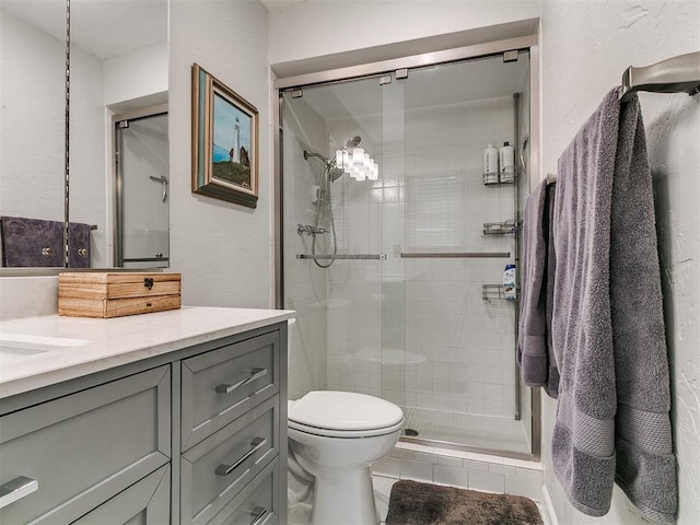 5001 N Independence Ave, Oklahoma City, OK 73112 - full bathroom with a shower stall, vanity, toilet, and tile patterned floors