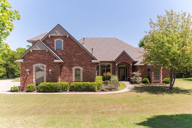 view of front of house with brick siding, a front yard, and a shingled roof