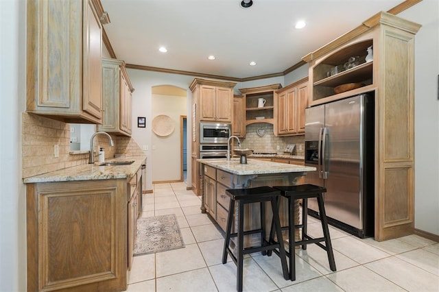 kitchen featuring stainless steel appliances, open shelves, a sink, crown molding, and decorative backsplash