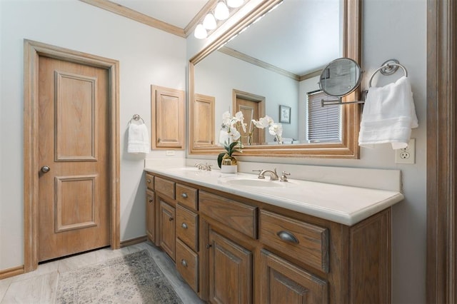 full bath with ornamental molding and double vanity