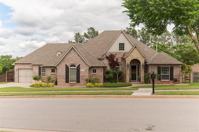 french provincial home featuring stone siding, a garage, concrete driveway, fence, and brick siding