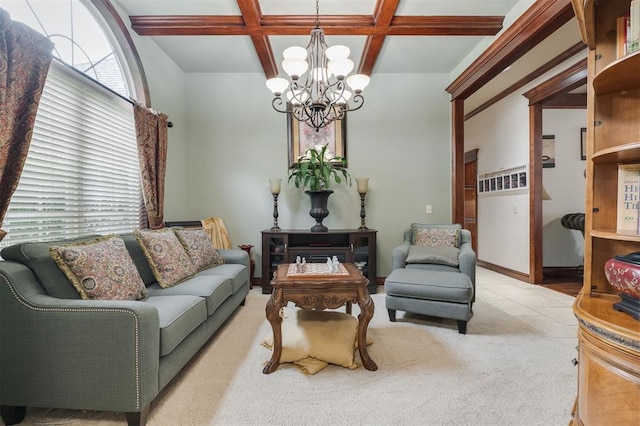 living room featuring a chandelier, coffered ceiling, beamed ceiling, and carpet flooring