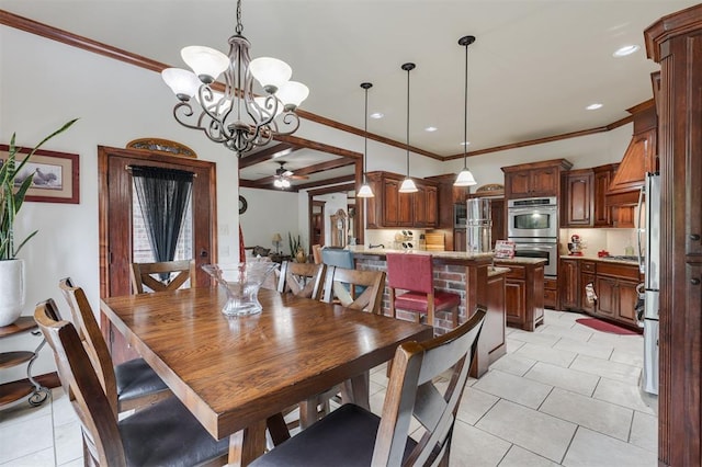 dining space with ornamental molding, a chandelier, ceiling fan, and light tile patterned floors